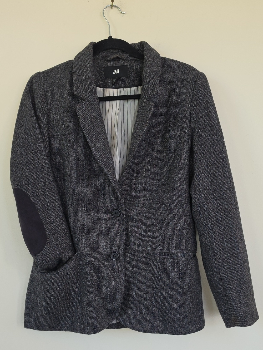 H&M Charcoal Grey Herringbone Tweed Blazer Elbow Patches Size 12 